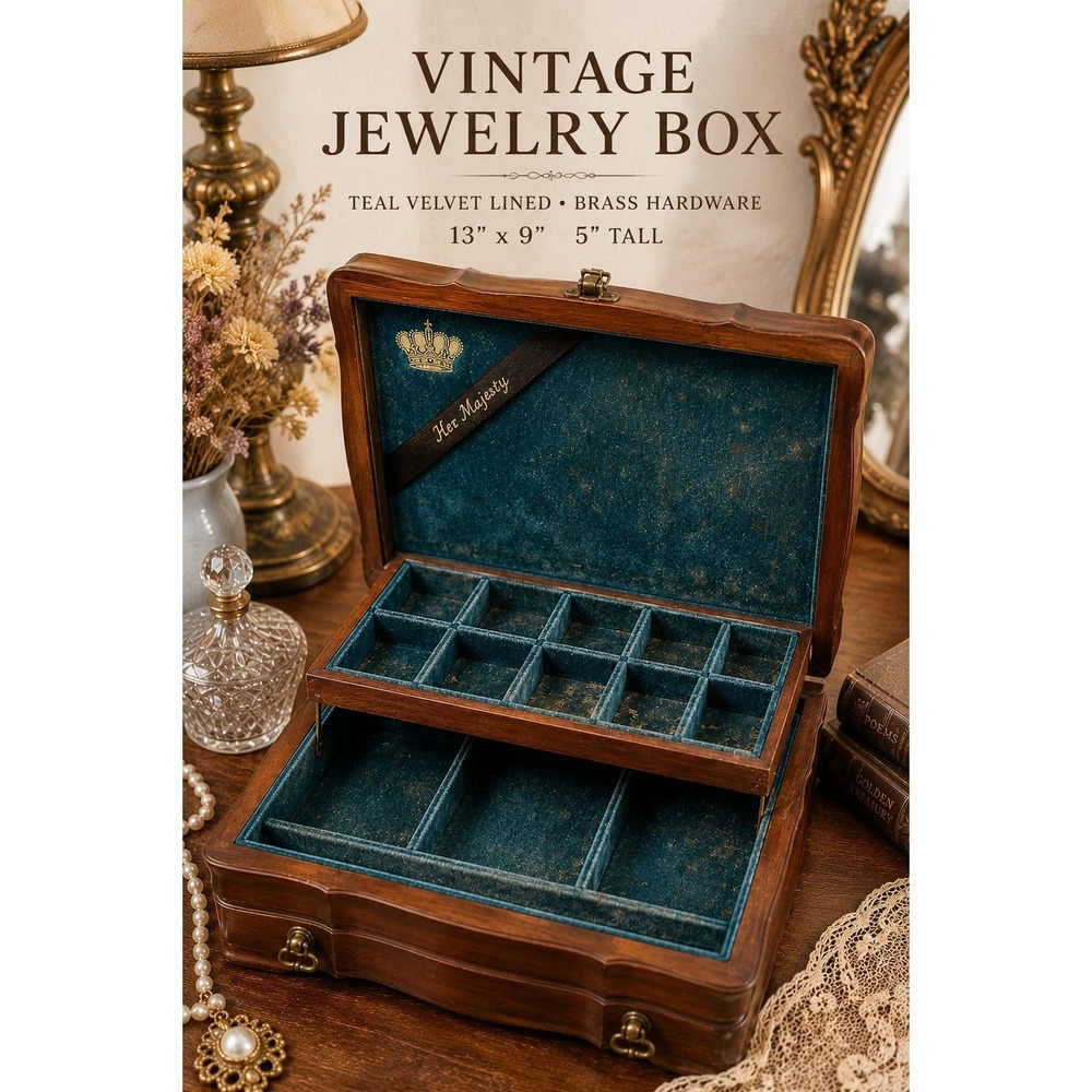 Vintage Wooden Jewelry Box Teal Velvet Lined Brass Hardware Trinket Chest